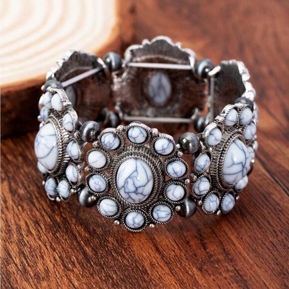 Bohemian Inspired, Vintage Style Elastic Turquoise Beaded Bracelet - Picture 2 of 9